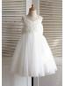 V Neckline Ivory Lace Tulle Knee Length Flower Girl Dress